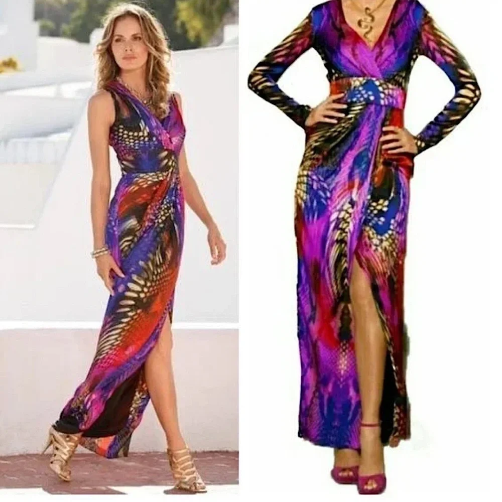 Boston Proper Mirrored Anaconda Maxi low cut &slit Dress, faux wrap women’s 2 - Picture 1 of 9